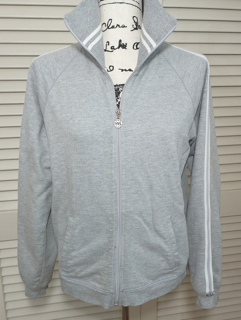 New York Laundry Zip Up Track Jacket, Striped, Gray/White, Size L, Athleisure